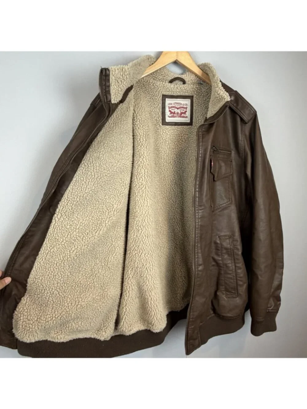 Levi’s Mens 2XL Brown Faux Leather Sherpa Lined Military Field Jacket